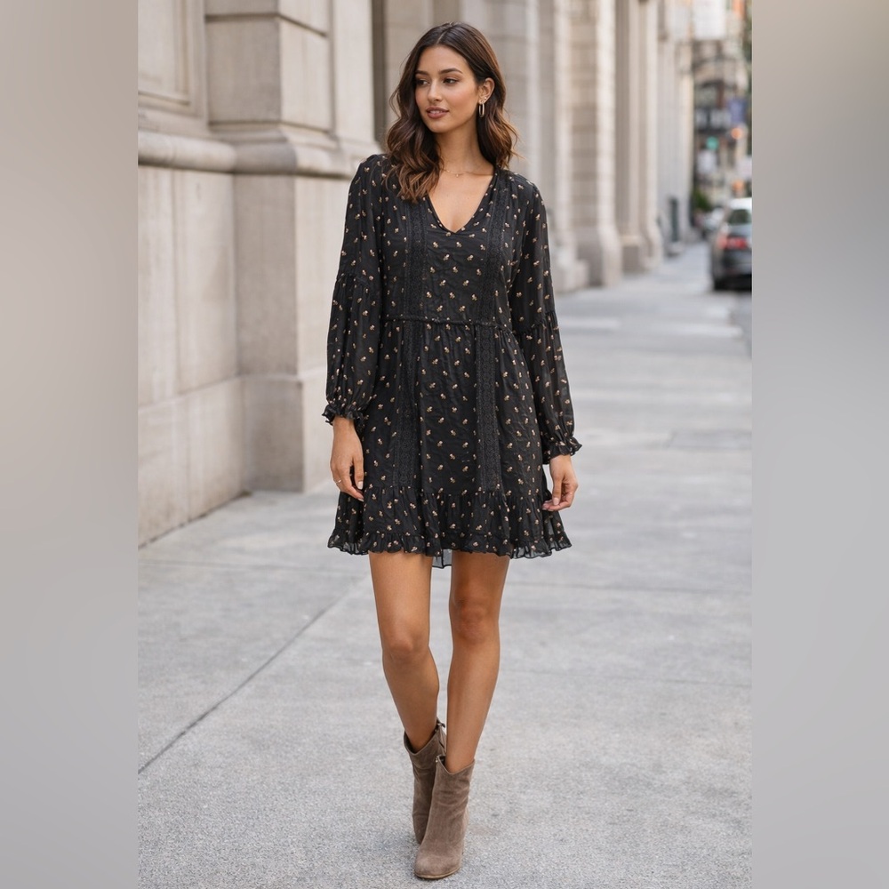 ✨ Ulla Johnson Black Floral Lace Trim Dress Size 8 Boho Romantic ✨dark fairy